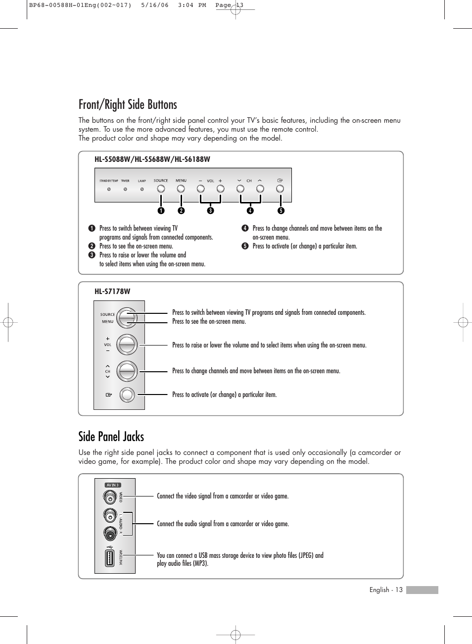 Front/right side buttons, Side panel jacks | Samsung HLS6188WX-XAA User Manual | Page 13 / 160