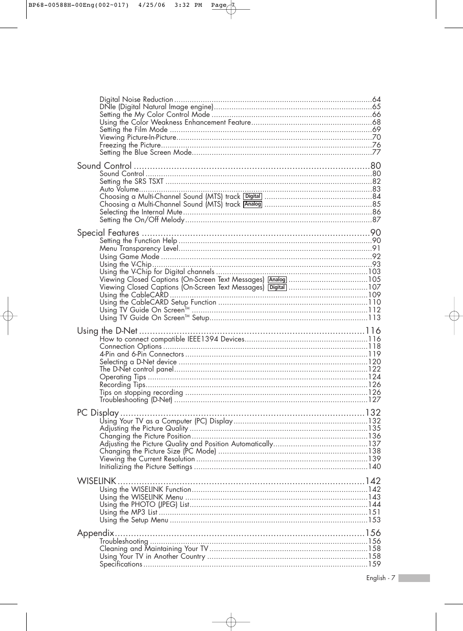Sound control, Special features, Using the d-net | Pc display, Wiselink, Appendix | Samsung HLS6188WX-XAA User Manual | Page 7 / 160