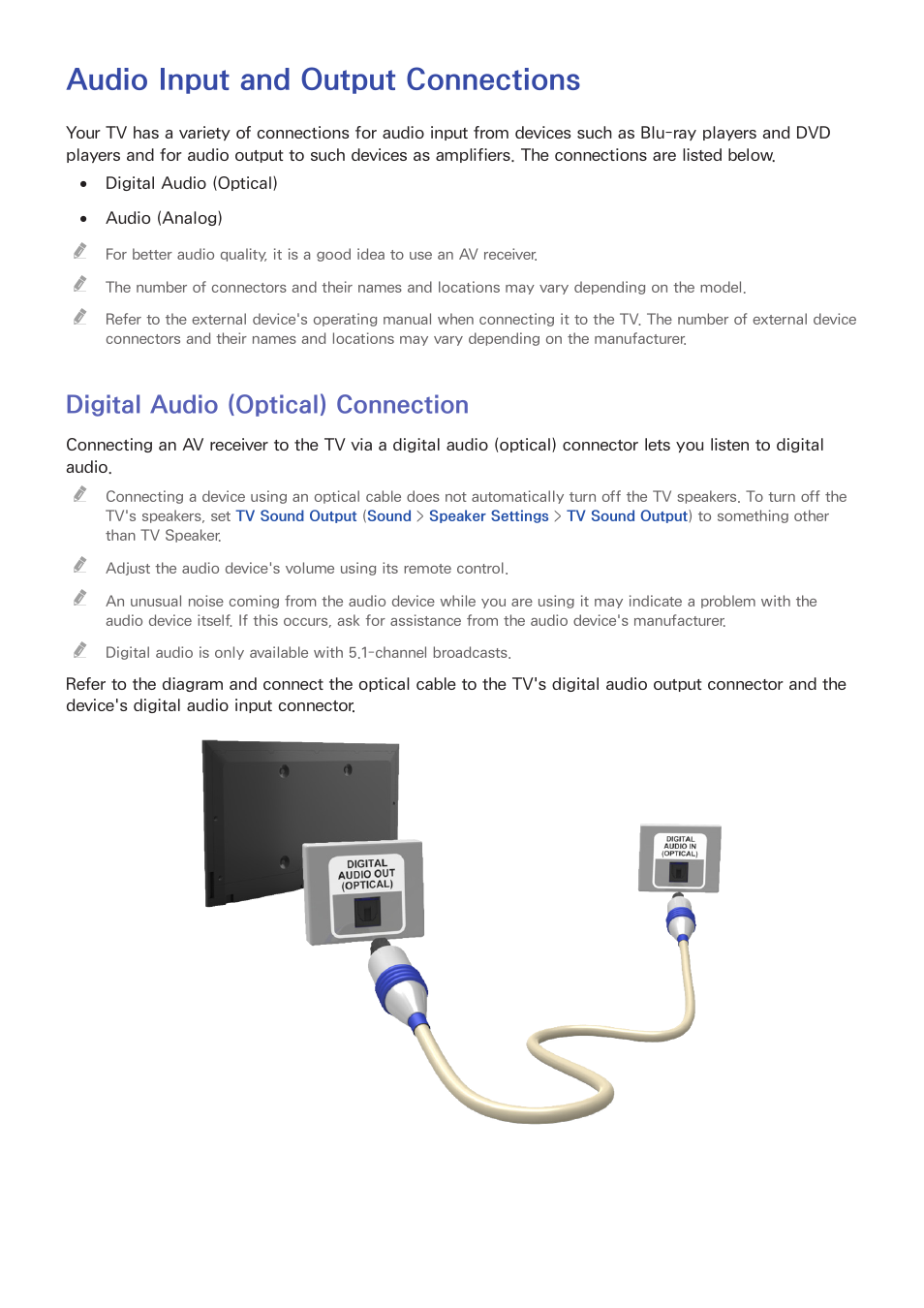 Audio input and output connections, Digital audio (optical) connection | Samsung UN24H4500AFXZA User Manual | Page 10 / 146