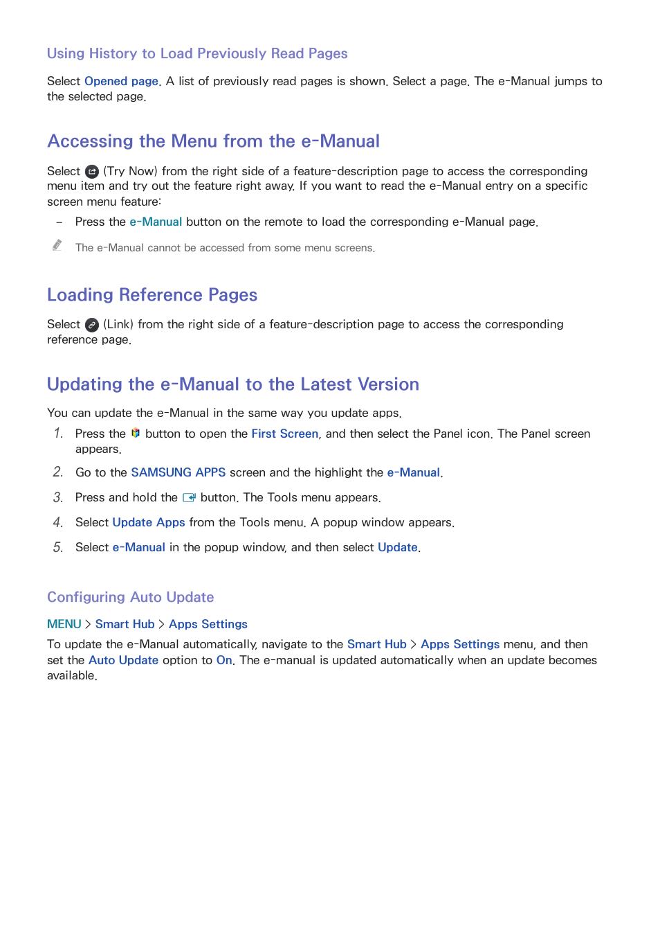 101 accessing the menu from the e-manual, 101 updating the e-manual to the latest version, Accessing the menu from the e-manual | Loading reference pages, Updating the e-manual to the latest version | Samsung UN24H4500AFXZA User Manual | Page 106 / 146