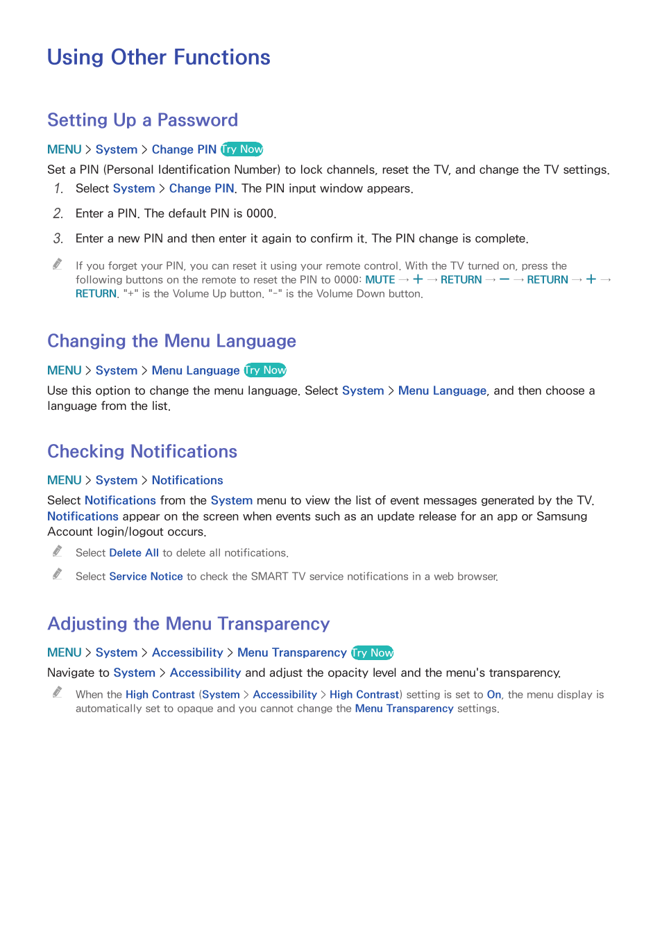 Using other functions, 106 setting up a password, 106 changing the menu language | 106 checking notifications, 106 adjusting the menu transparency, Setting up a password, Changing the menu language, Checking notifications, Adjusting the menu transparency | Samsung UN24H4500AFXZA User Manual | Page 111 / 146