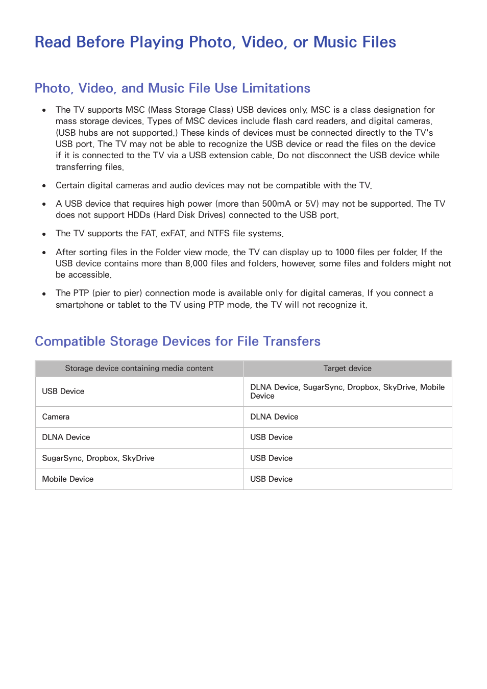 Read before playing photo, video, or music files, 127 photo, video, and music file use limitations, 127 compatible storage devices for file transfers | Photo, video, and music file use limitations, Compatible storage devices for file transfers | Samsung UN24H4500AFXZA User Manual | Page 132 / 146