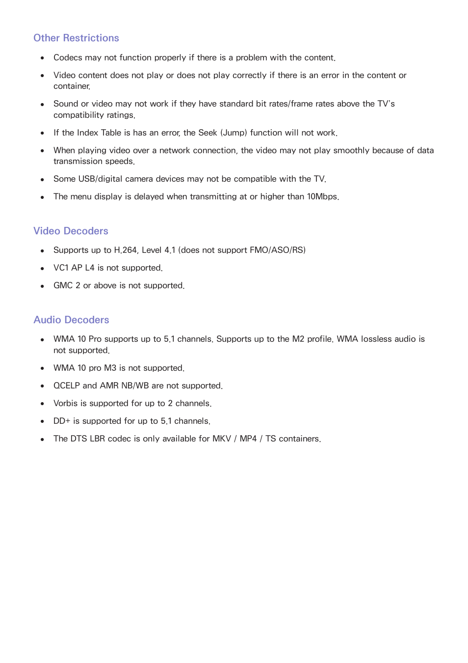 Other restrictions, Video decoders, Audio decoders | Samsung UN24H4500AFXZA User Manual | Page 136 / 146