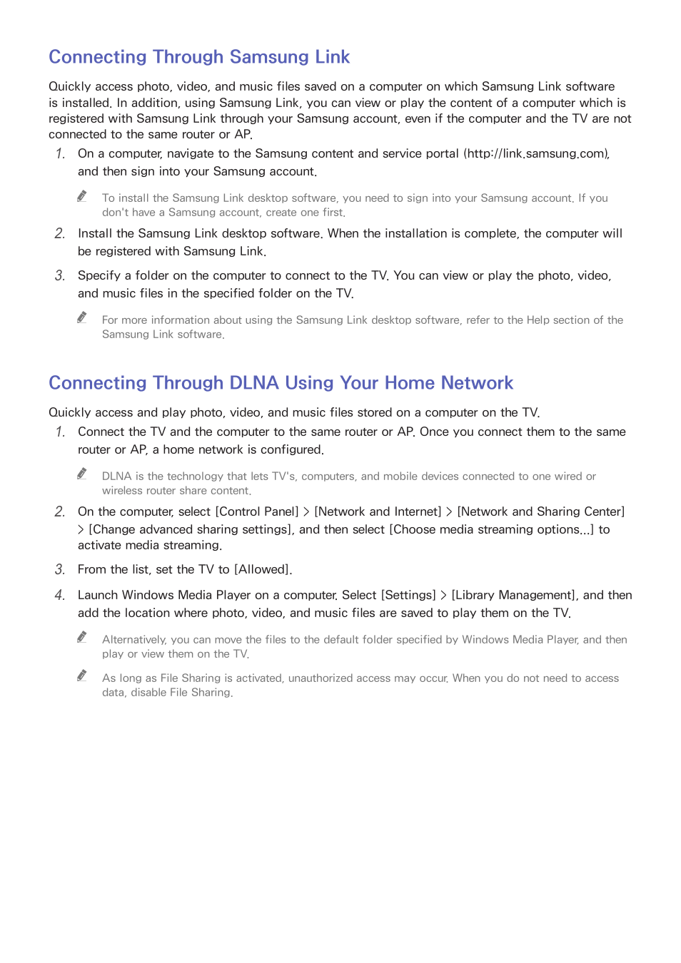 Connecting through samsung link, Connecting through dlna using your home network | Samsung UN24H4500AFXZA User Manual | Page 14 / 146