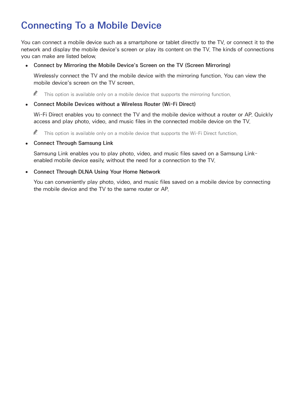 Connecting to a mobile device | Samsung UN24H4500AFXZA User Manual | Page 15 / 146