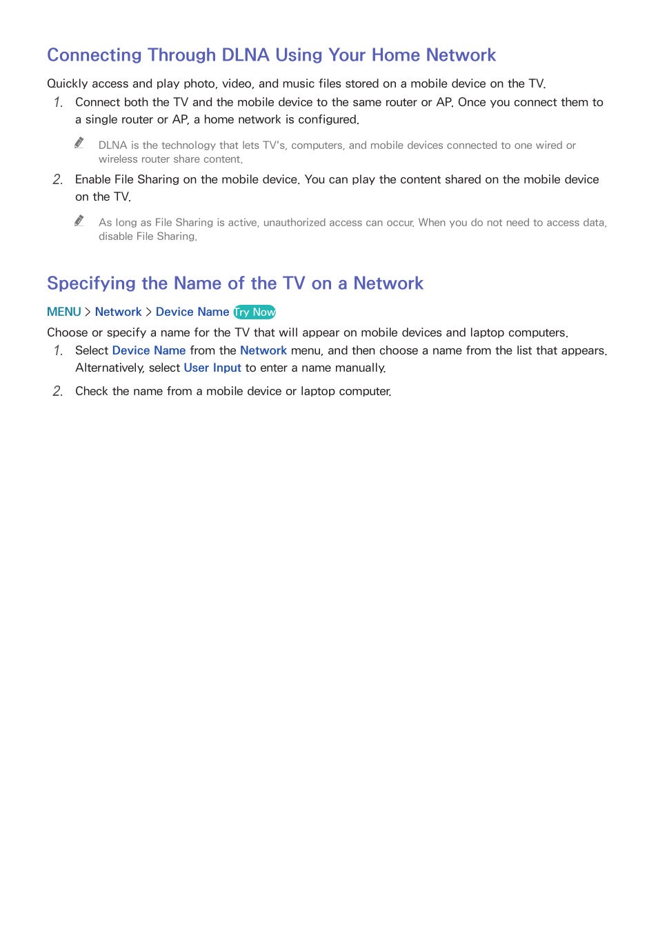 Connecting through dlna using your home network, Specifying the name of the tv on a network | Samsung UN24H4500AFXZA User Manual | Page 19 / 146