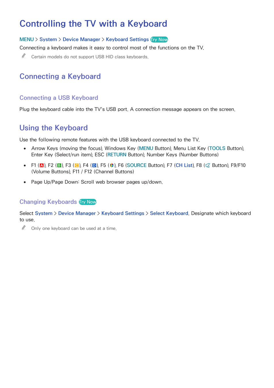 Controlling the tv with a keyboard, 20 connecting a keyboard, 20 using the keyboard | Connecting a keyboard, Using the keyboard | Samsung UN24H4500AFXZA User Manual | Page 25 / 146