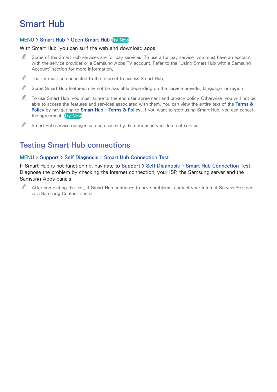 Smart features, Smart hub, 34 testing smart hub connections | Testing smart hub connections | Samsung UN24H4500AFXZA User Manual | Page 39 / 146