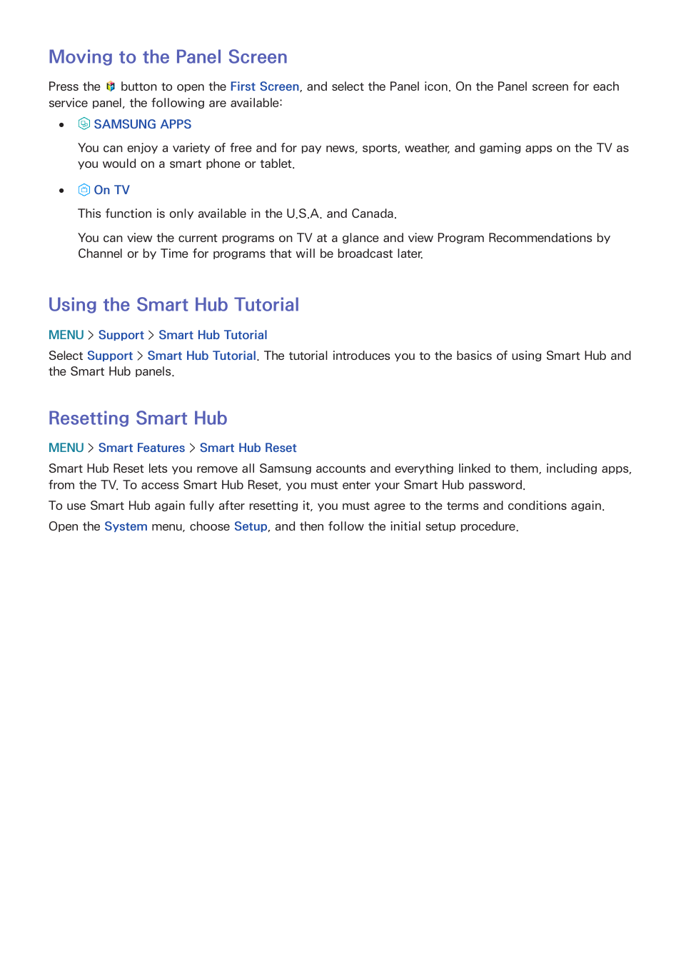 36 moving to the panel screen, 36 using the smart hub tutorial, 36 resetting smart hub | Moving to the panel screen, Using the smart hub tutorial, Resetting smart hub | Samsung UN24H4500AFXZA User Manual | Page 41 / 146