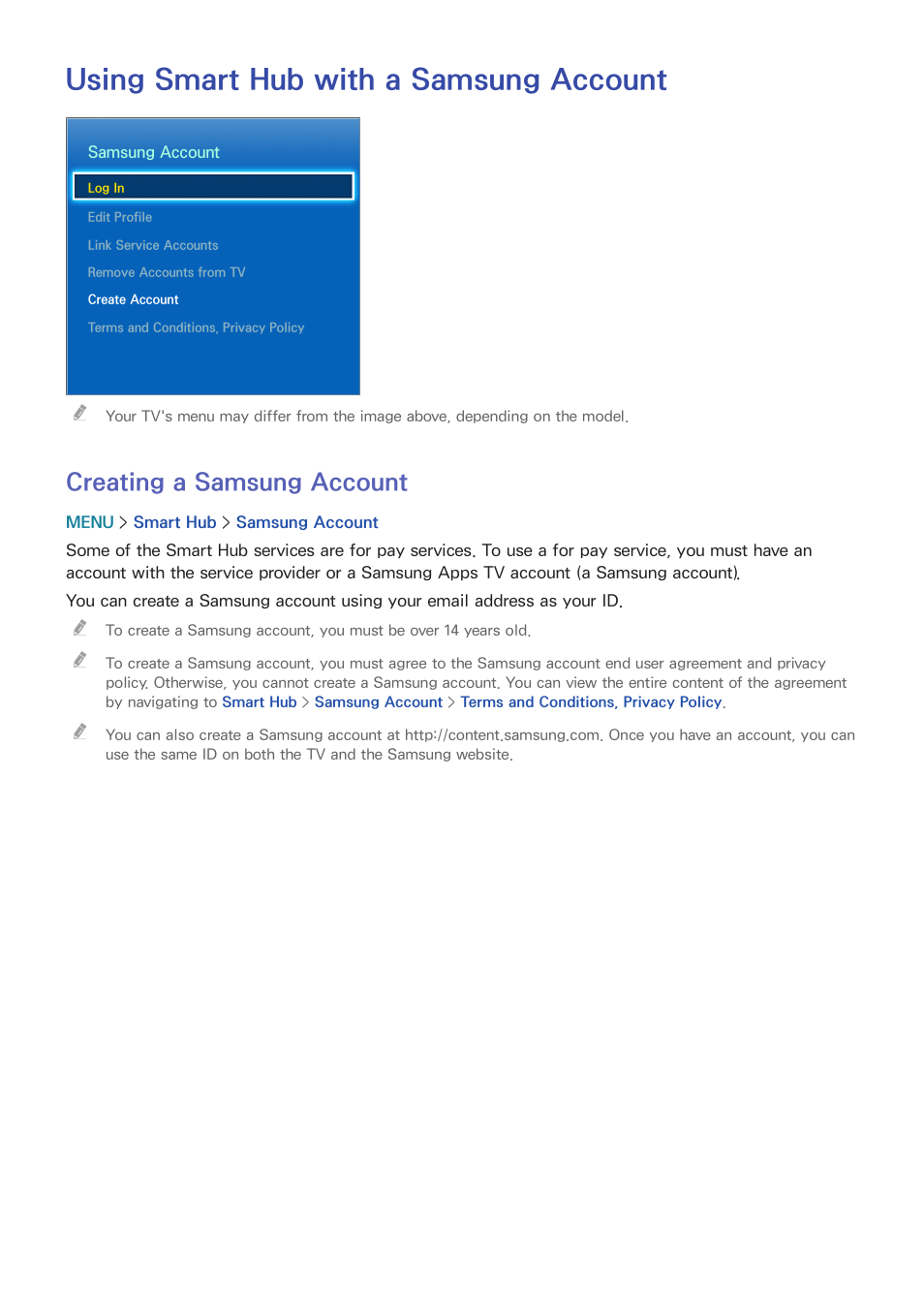 Using smart hub with a samsung account, 37 creating a samsung account, Creating a samsung account | Samsung UN24H4500AFXZA User Manual | Page 42 / 146
