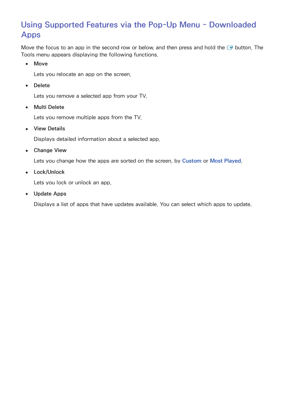 43 using supported features via the pop-up menu, Downloaded apps | Samsung UN24H4500AFXZA User Manual | Page 48 / 146