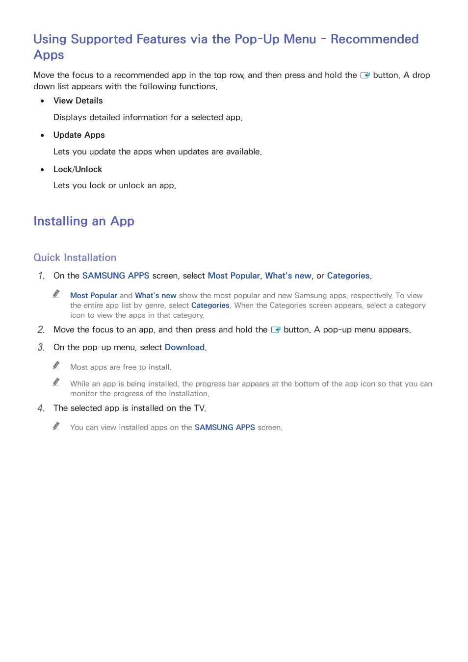 44 using supported features via the pop-up menu, Recommended apps, 44 installing an app | Installing an app | Samsung UN24H4500AFXZA User Manual | Page 49 / 146