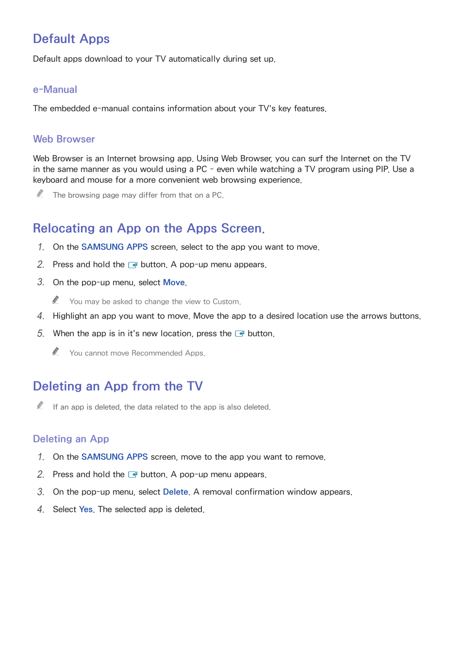 46 default apps, 46 relocating an app on the apps screen, 46 deleting an app from the tv | Default apps, Relocating an app on the apps screen, Deleting an app from the tv | Samsung UN24H4500AFXZA User Manual | Page 51 / 146
