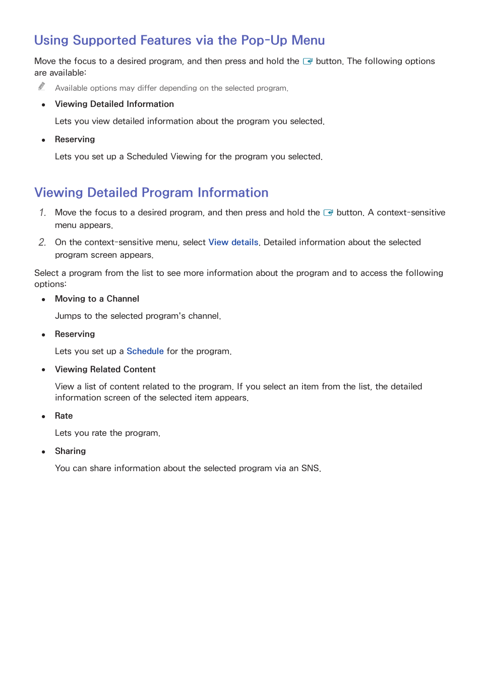 50 using supported features via the pop-up menu, 50 viewing detailed program information, Using supported features via the pop-up menu | Viewing detailed program information | Samsung UN24H4500AFXZA User Manual | Page 55 / 146