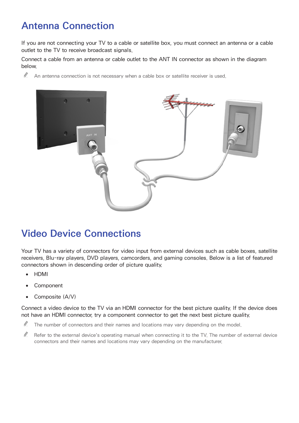 Connecting antenna and external devices, Antenna connection, Video device connections | Samsung UN24H4500AFXZA User Manual | Page 6 / 146