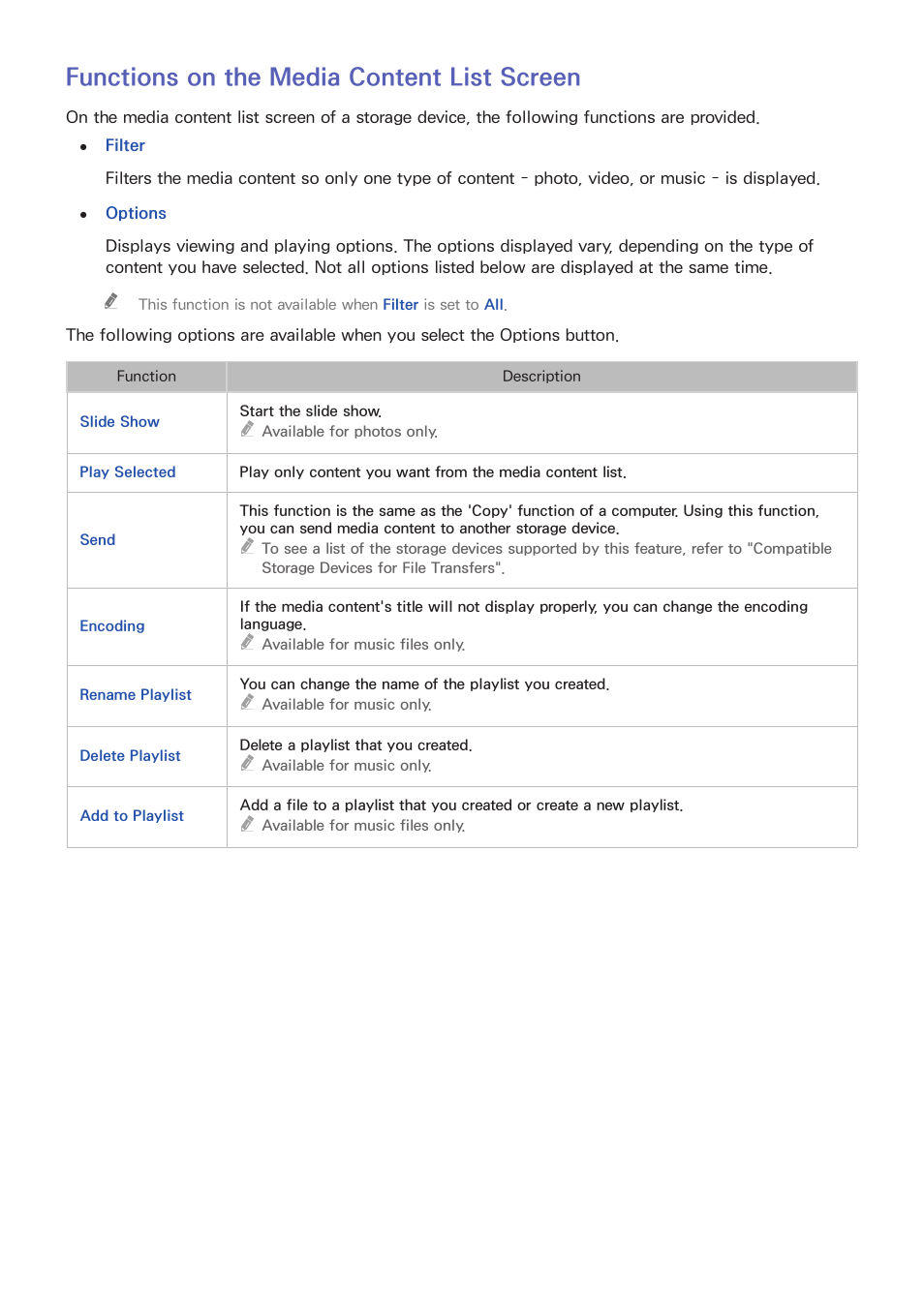 57 functions on the media content list screen, Functions on the media content list screen | Samsung UN24H4500AFXZA User Manual | Page 62 / 146