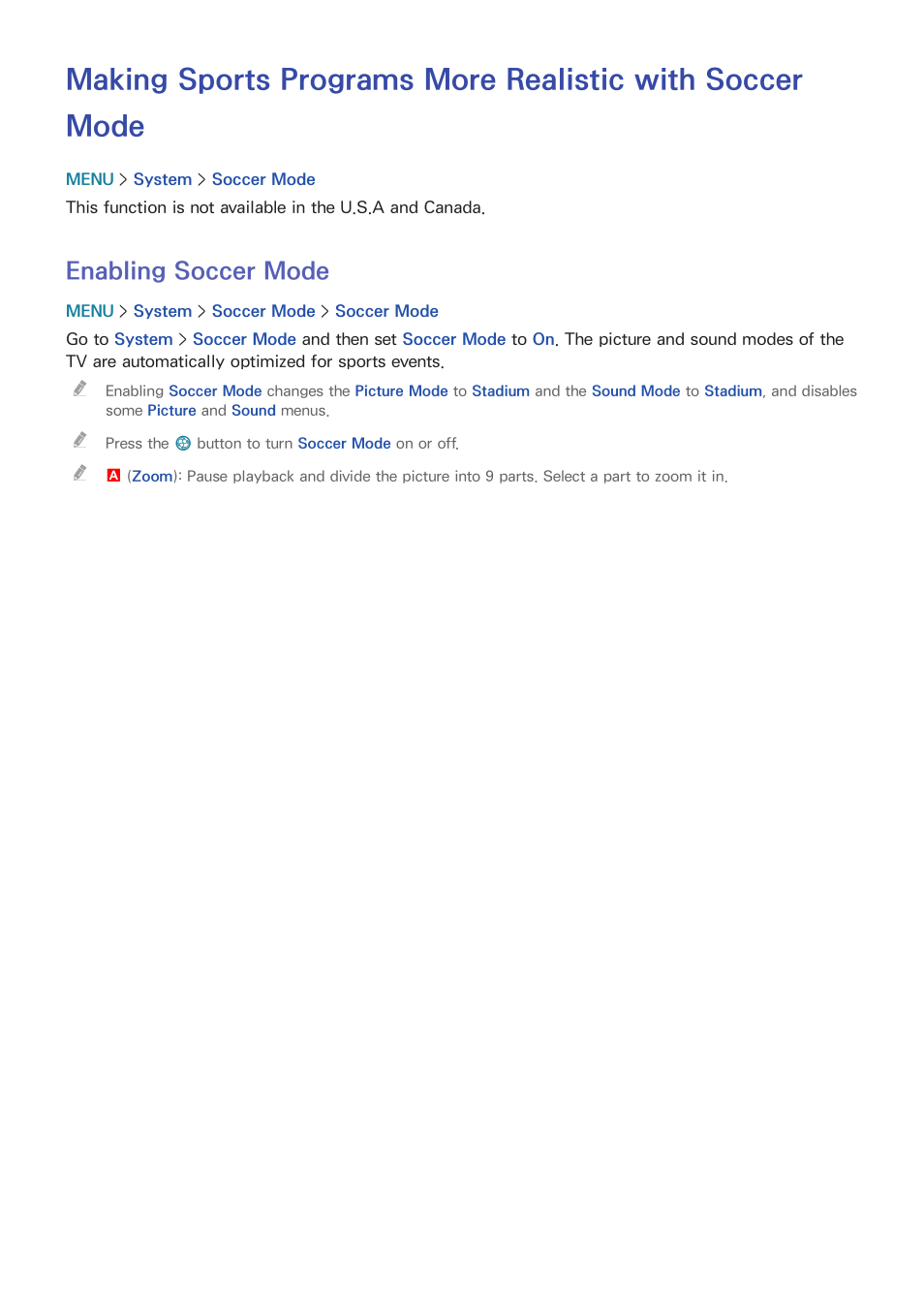 74 enabling, Soccer mode, Enabling soccer mode | Samsung UN24H4500AFXZA User Manual | Page 79 / 146
