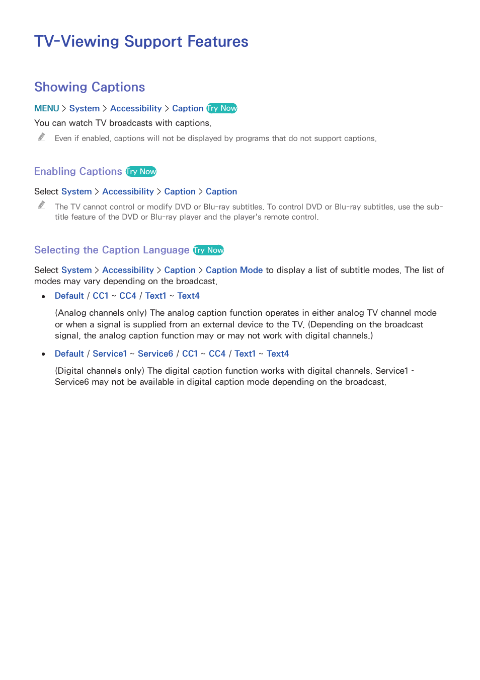 Tv-viewing support features, 75 showing captions, Showing captions | Samsung UN24H4500AFXZA User Manual | Page 80 / 146