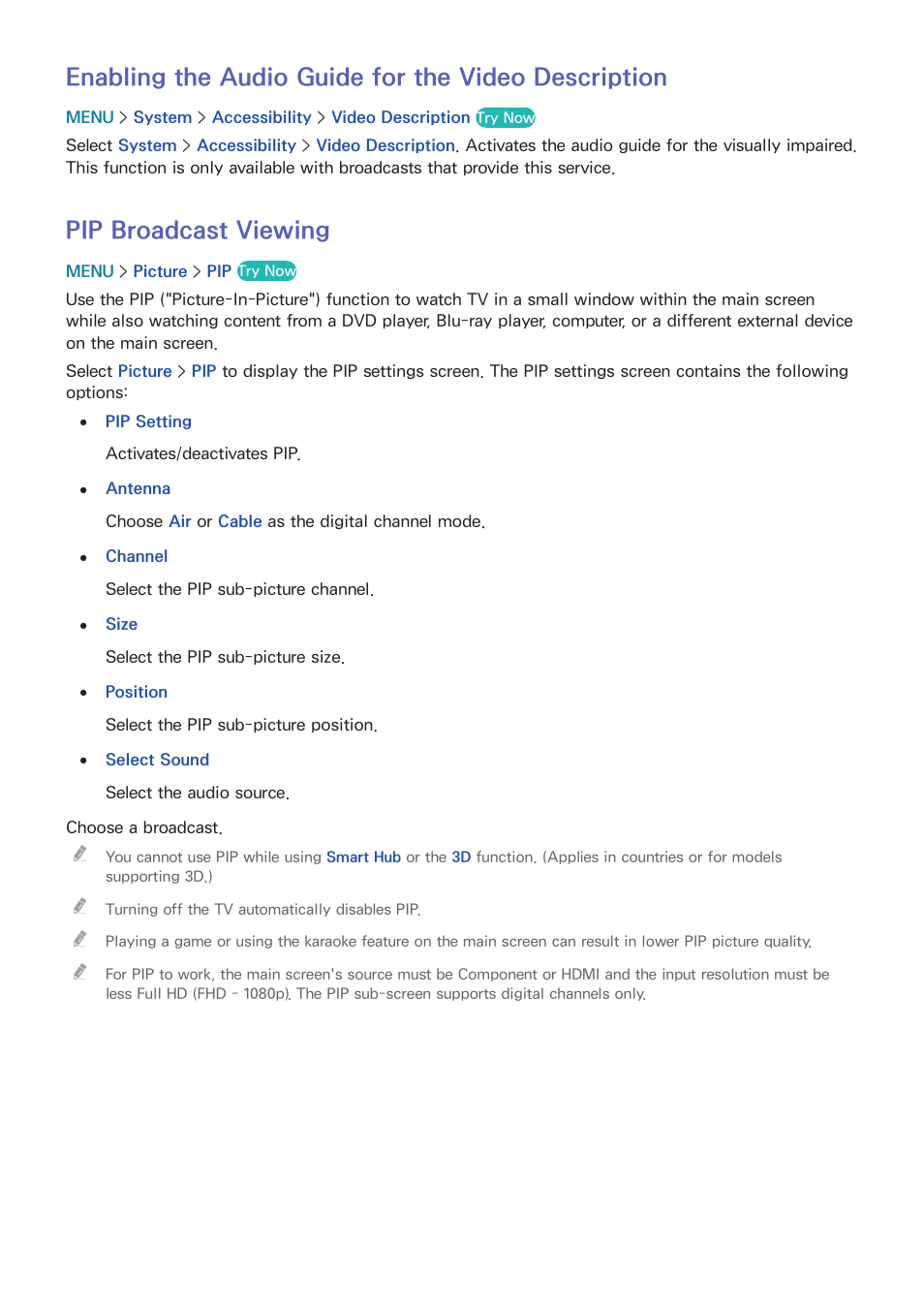 77 pip broadcast viewing, Enabling the audio guide for the video description, Pip broadcast viewing | Samsung UN24H4500AFXZA User Manual | Page 82 / 146