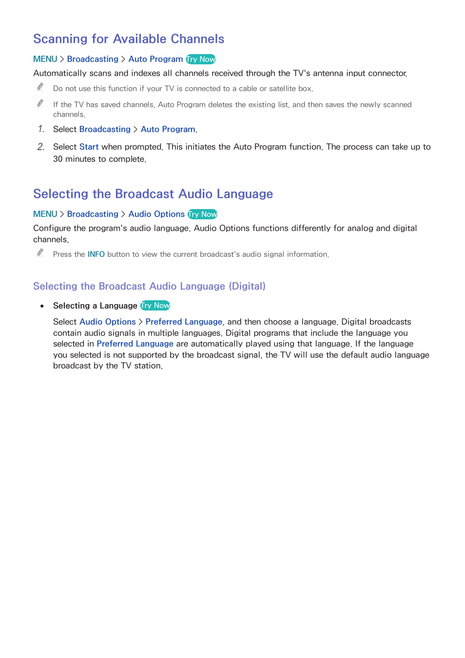78 scanning for available channels, 78 selecting the broadcast audio language, Scanning for available channels | Selecting the broadcast audio language | Samsung UN24H4500AFXZA User Manual | Page 83 / 146