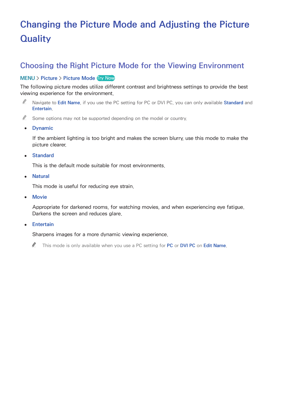 Picture and sound settings, 80 choosing the right picture mode for the viewing, Environment | Samsung UN24H4500AFXZA User Manual | Page 85 / 146