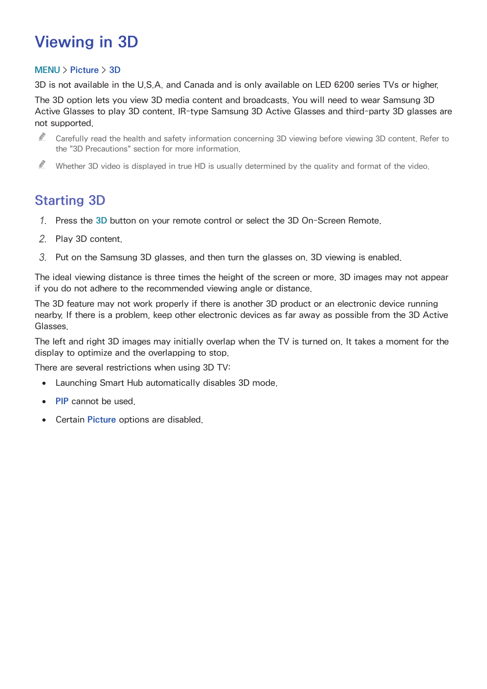 Viewing in 3d, 86 starting 3d, Starting 3d | Samsung UN24H4500AFXZA User Manual | Page 91 / 146