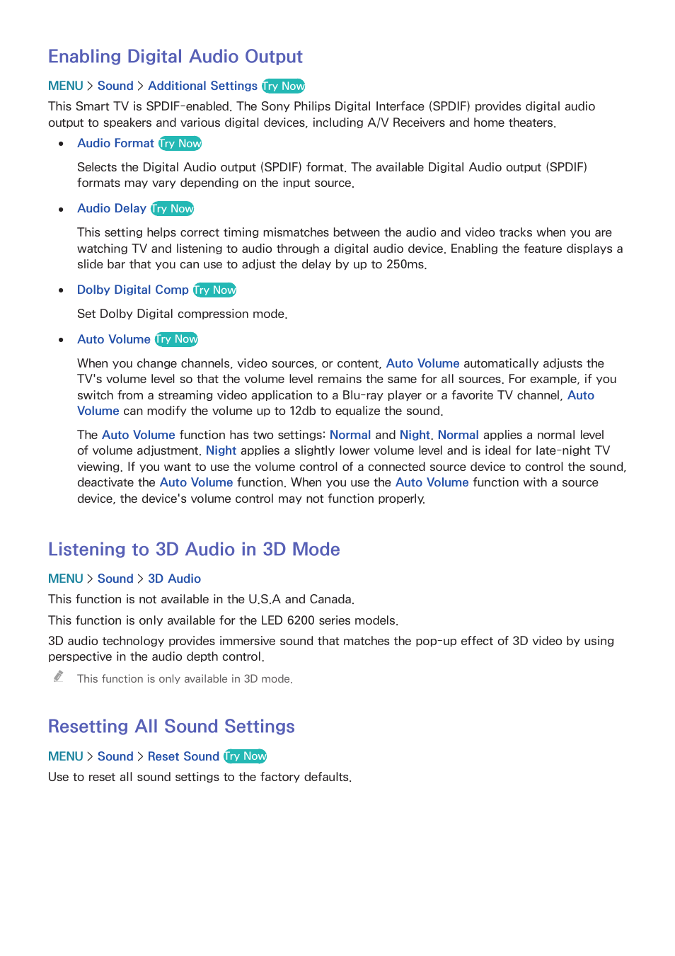 94 enabling digital audio output, 94 listening to 3d audio in 3d mode, 94 resetting all sound settings | Enabling digital audio output, Listening to 3d audio in 3d mode, Resetting all sound settings | Samsung UN24H4500AFXZA User Manual | Page 99 / 146