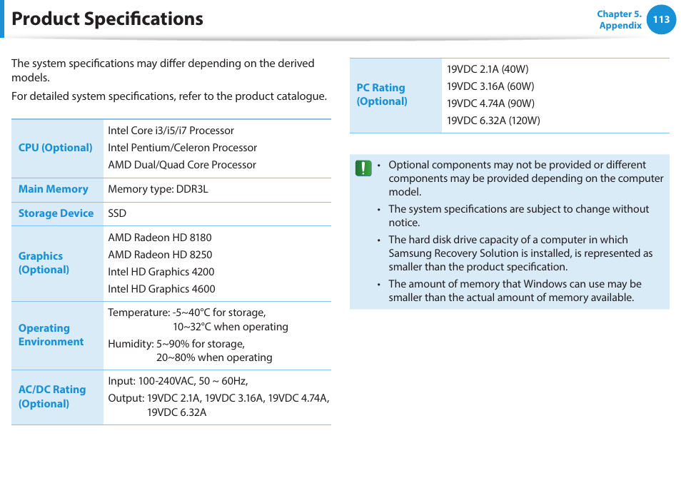 Product specifications | Samsung NP915S3G-K01US User Manual | Page 113 / 118