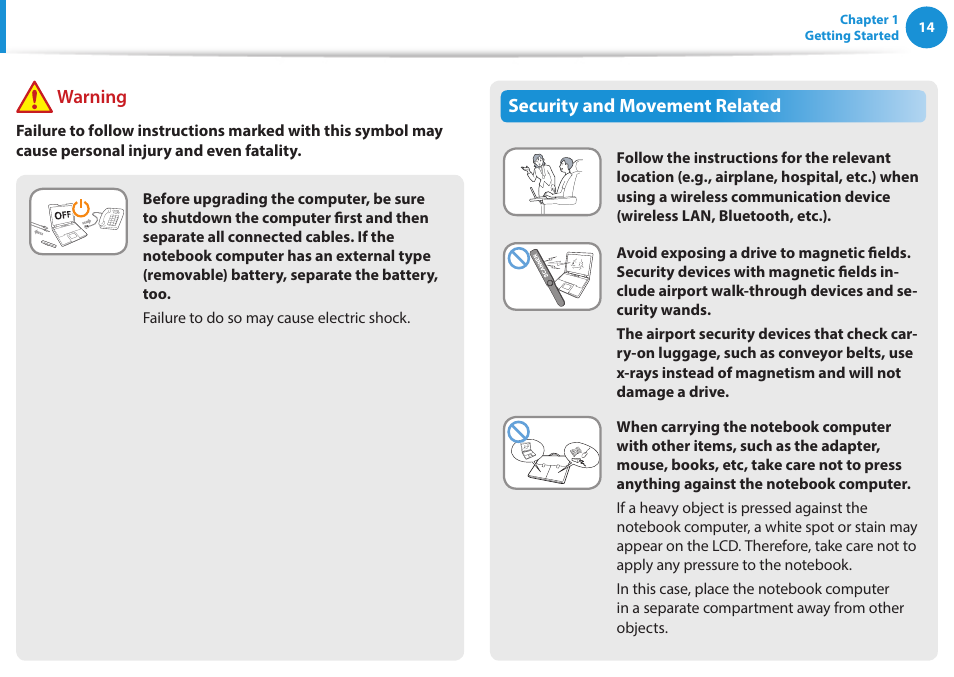 Security and movement related, Warning | Samsung NP915S3G-K01US User Manual | Page 14 / 118