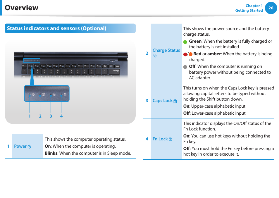 Overview, Status indicators and sensors (optional) | Samsung NP915S3G-K01US User Manual | Page 26 / 118