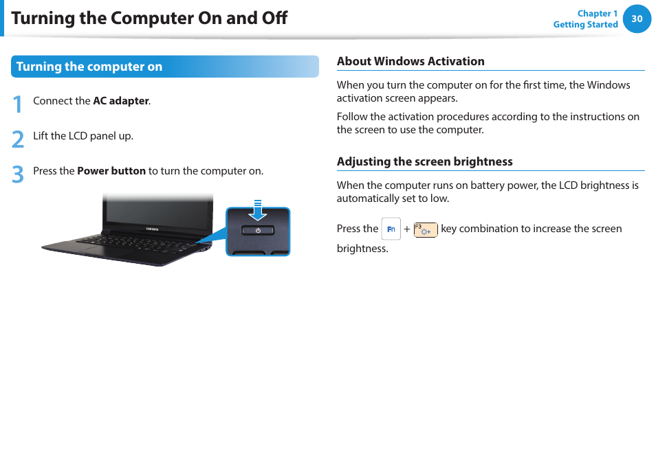 Turning the computer on and off | Samsung NP915S3G-K01US User Manual | Page 30 / 118