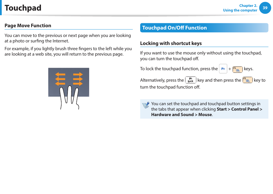 Touchpad | Samsung NP915S3G-K01US User Manual | Page 39 / 118