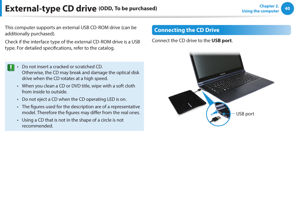 External-type cd drive (odd, to be purchased), External-type cd drive | Samsung NP915S3G-K01US User Manual | Page 40 / 118
