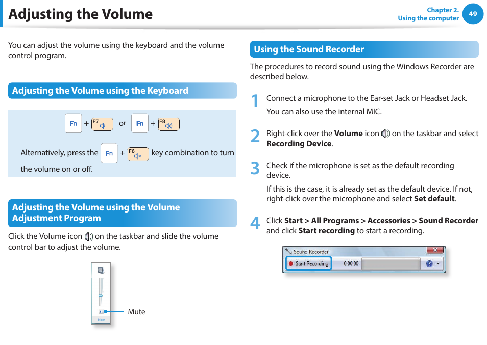 Adjusting the volume | Samsung NP915S3G-K01US User Manual | Page 49 / 118