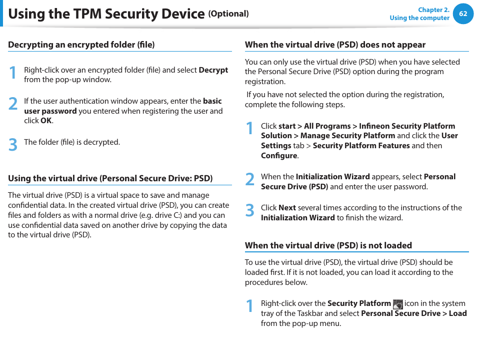 Using the tpm security device | Samsung NP915S3G-K01US User Manual | Page 62 / 118