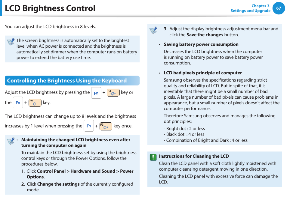 Lcd brightness control, Controlling the brightness using the keyboard | Samsung NP915S3G-K01US User Manual | Page 67 / 118