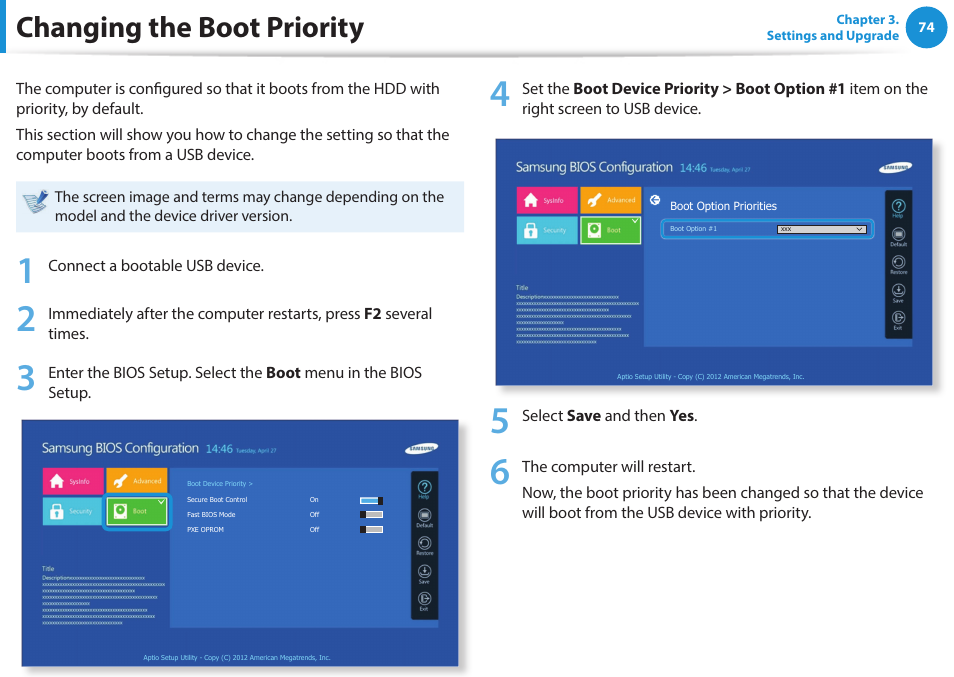 Changing the boot priority | Samsung NP915S3G-K01US User Manual | Page 74 / 118