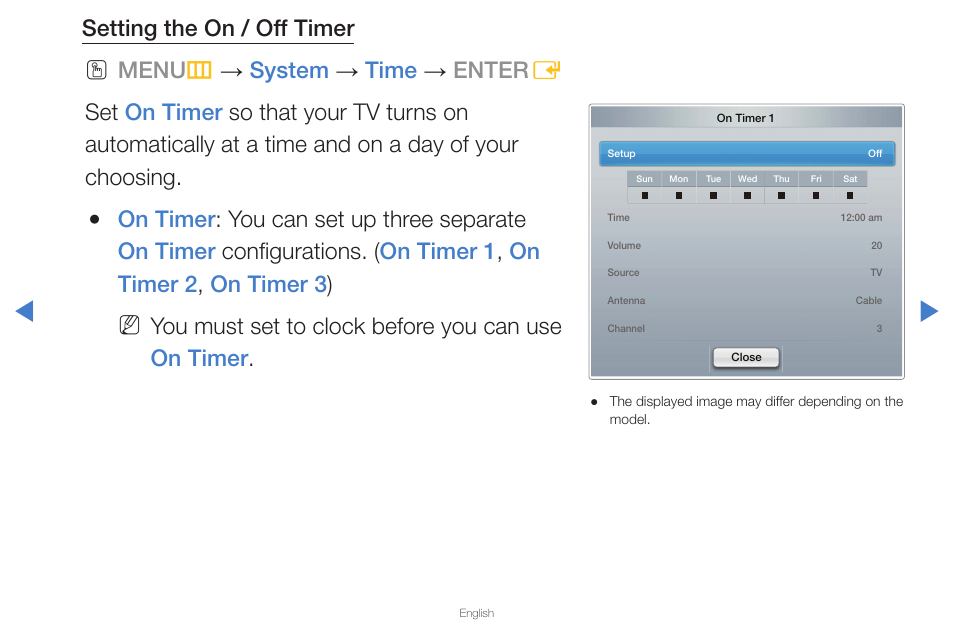 Setting the on / off timer, You must set to clock before you can use on timer | Samsung PN59D6500DFXZA User Manual | Page 108 / 287