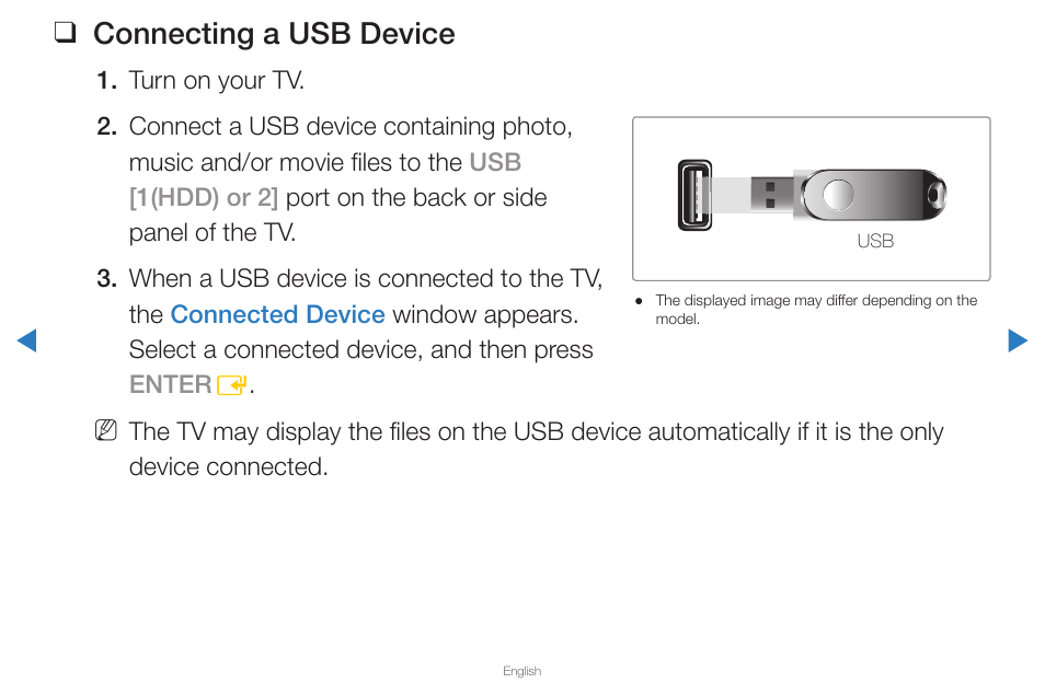 Connecting a usb device | Samsung PN59D6500DFXZA User Manual | Page 211 / 287