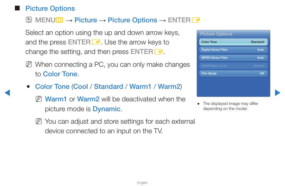 Picture options, Color tone ( cool / standard / warm1 / warm2 ) | Samsung PN59D6500DFXZA User Manual | Page 45 / 287