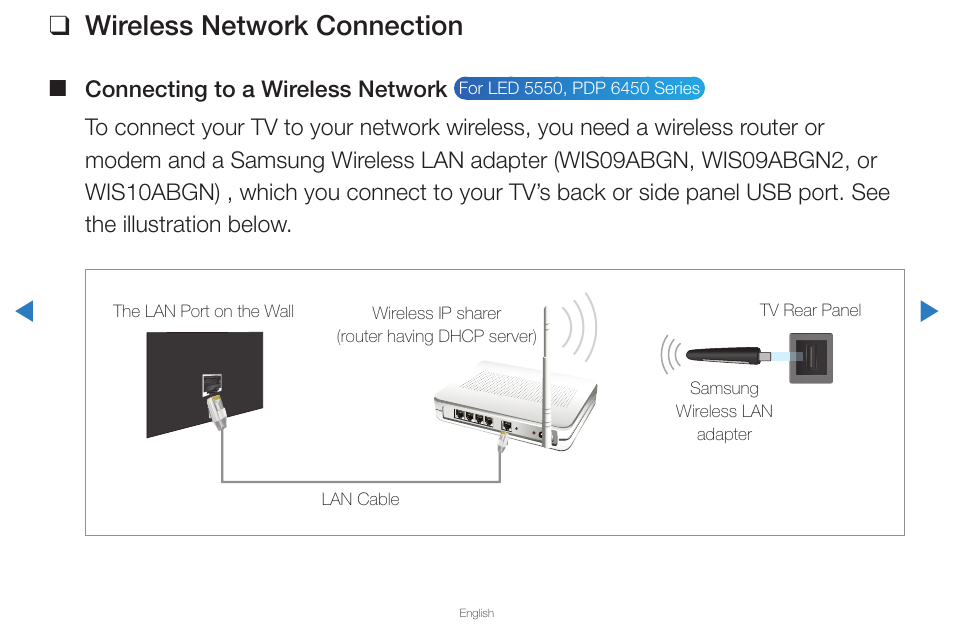 Wireless network connection, Connecting to a wireless network | Samsung PN59D6500DFXZA User Manual | Page 74 / 287