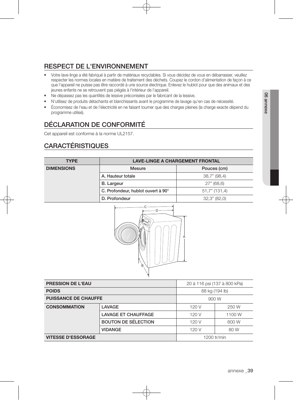 Respect de l'environnement, Déclaration de conformité, Caractéristiques | Samsung WF393BTPARA-A1 User Manual | Page 127 / 132