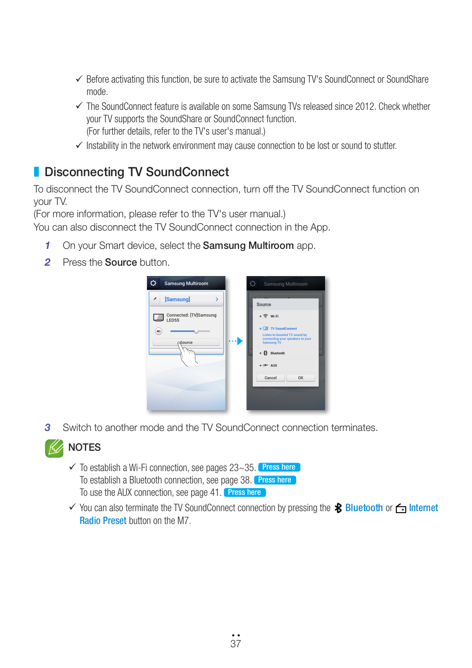 Disconnecting tv soundconnect | Samsung WAM751-ZA User Manual | Page 37 / 78