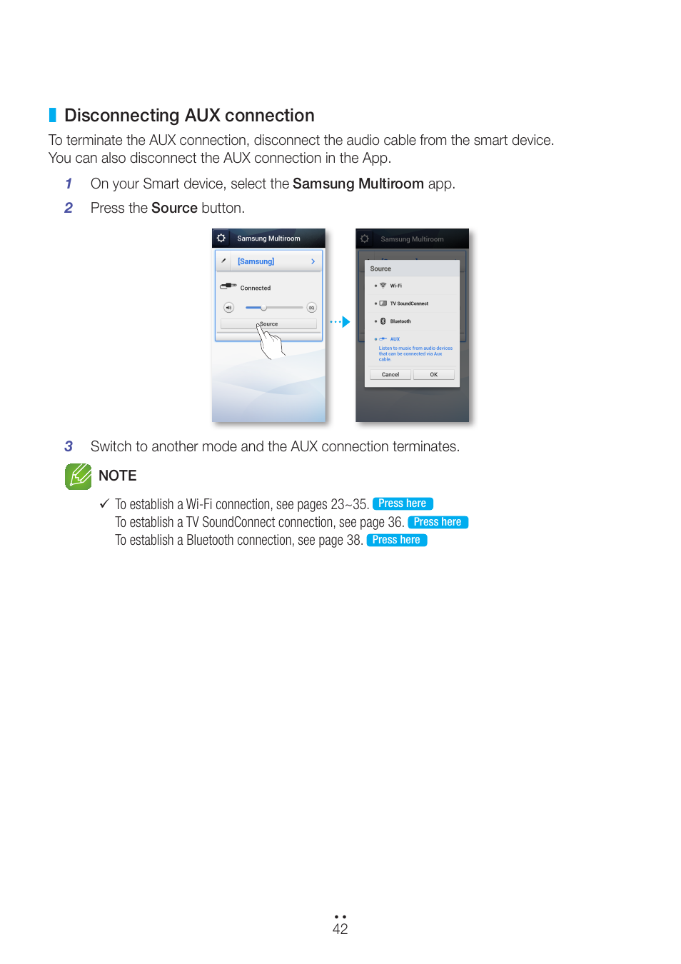 Disconnecting aux connection | Samsung WAM751-ZA User Manual | Page 42 / 78