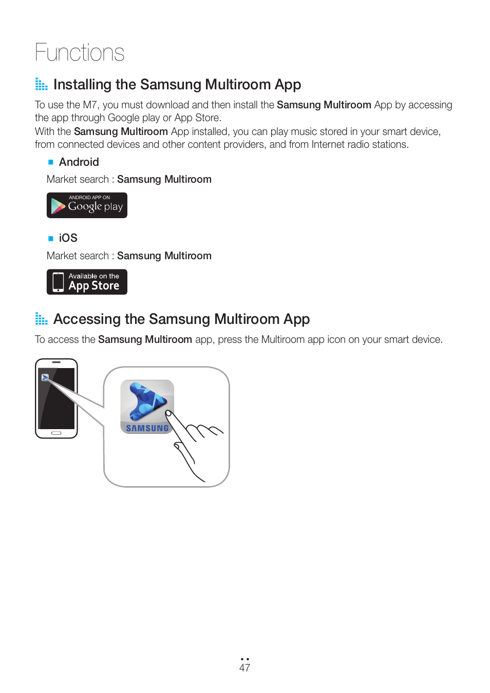 Functions, Installing the samsung multiroom app, Accessing the samsung multiroom app | A installing the samsung multiroom app, A accessing the samsung multiroom app | Samsung WAM751-ZA User Manual | Page 47 / 78