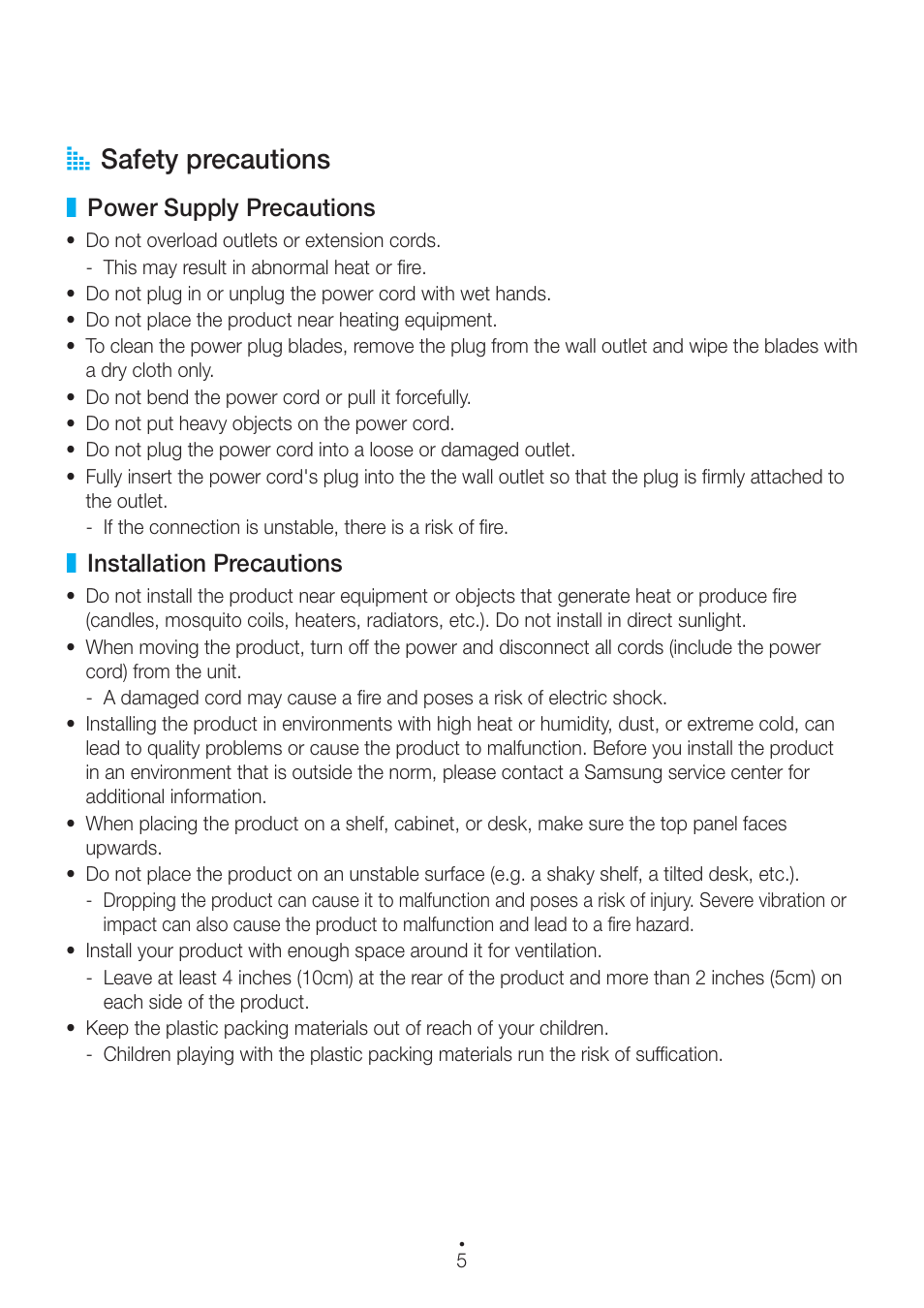 Safety precautions, Power supply precautions, Installation precautions | A safety precautions | Samsung WAM751-ZA User Manual | Page 5 / 78