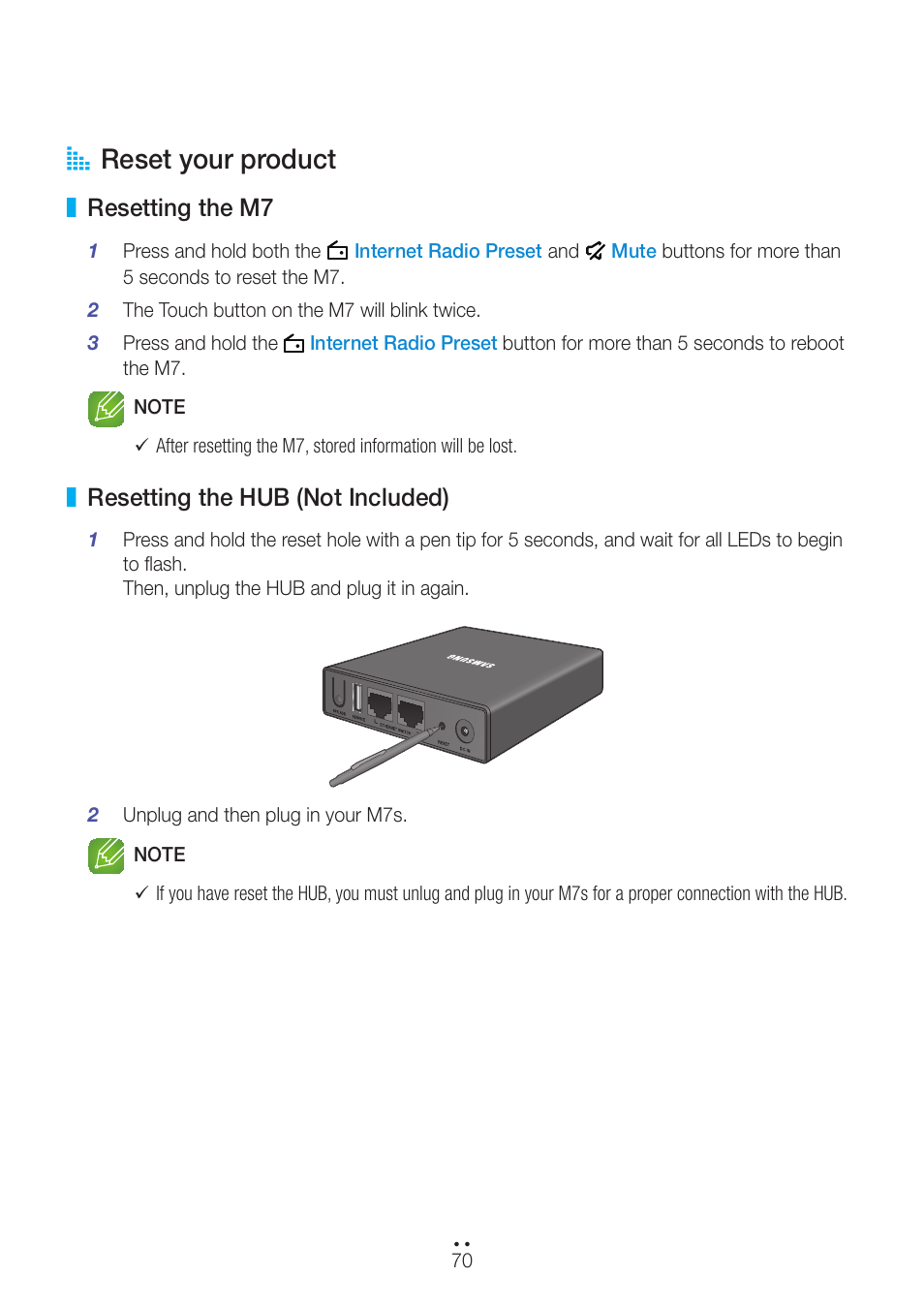 Reset your product, Resetting the m7, Resetting the hub (not included) | Resetting the m7 resetting the hub (not included), A reset your product | Samsung WAM751-ZA User Manual | Page 70 / 78