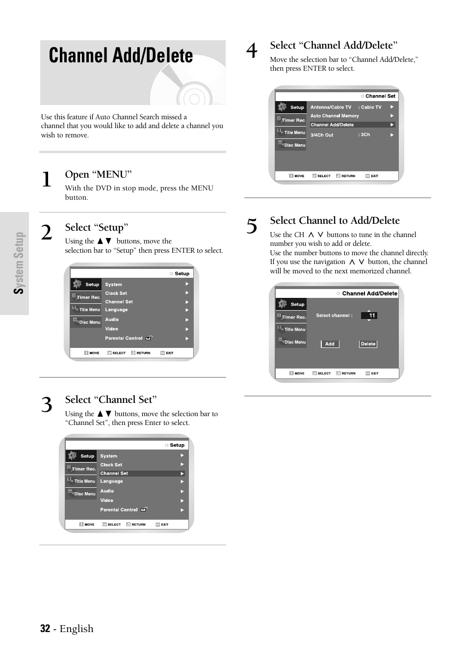 Channel add/delete, System setup | Samsung DVD-VR300-XAX User Manual | Page 32 / 98
