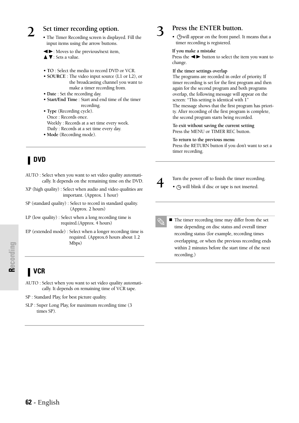 Recording, 62 - english, Press the enter button | Set timer recording option | Samsung DVD-VR300-XAX User Manual | Page 62 / 98