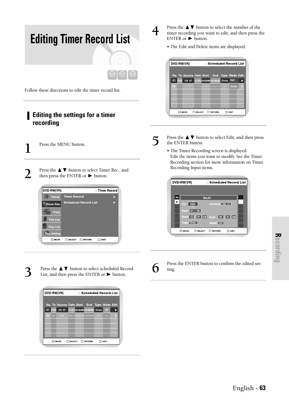 Editing timer record list, Recording | Samsung DVD-VR300-XAX User Manual | Page 63 / 98